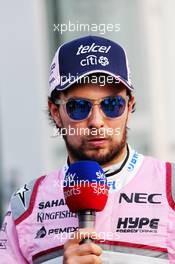 Sergio Perez (MEX) Sahara Force India F1 with the media. 28.04.2018. Formula 1 World Championship, Rd 4, Azerbaijan Grand Prix, Baku Street Circuit, Azerbaijan, Qualifying Day.