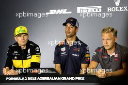 Nico Hulkenberg (GER) Renault Sport F1 Team,Daniel Ricciardo (AUS) Red Bull Racing and Kevin Magnussen (DEN) Haas F1 Team  26.04.2018. Formula 1 World Championship, Rd 4, Azerbaijan Grand Prix, Baku Street Circuit, Azerbaijan, Preparation Day.