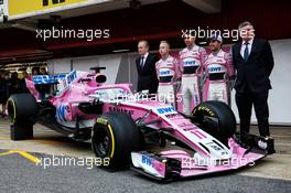 (L to R): Andrew Green (GBR) Sahara Force India F1 Team Technical Director; Nikita Mazepin (RUS) Sahara Force India F1 Team; Esteban Ocon (FRA) Sahara Force India F1 Team; Sergio Perez (MEX) Sahara Force India F1; and Otmar Szafnauer (USA) Sahara Force India F1 Chief Operating Officer with the Sahara Force India F1 VJM11. 26.02.2018. Formula One Testing, Day One, Barcelona, Spain. Monday.