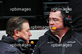 (L to R): Zak Brown (USA) McLaren Executive Director with Eric Boullier (FRA) McLaren Racing Director. 26.02.2018. Formula One Testing, Day One, Barcelona, Spain. Monday.
