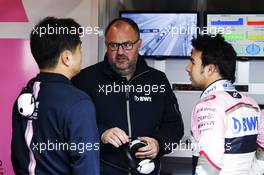 (L to R): Jun Matsuzaki (JPN) Sahara Force India F1 Team Senior Tyre Engineer with Tom McCullough (GBR) Sahara Force India F1 Team Chief Engineer and Sergio Perez (MEX) Sahara Force India F1. 01.03.2018. Formula One Testing, Day Four, Barcelona, Spain. Thursday.