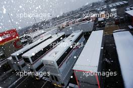 Sahara Force India F1 Team trucks in the paddock with snow. 28.02.2018. Formula One Testing, Day Three, Barcelona, Spain. Wednesday.