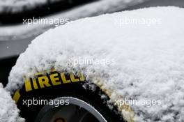 Pirelli tyres covered in snow. 28.02.2018. Formula One Testing, Day Three, Barcelona, Spain. Wednesday.