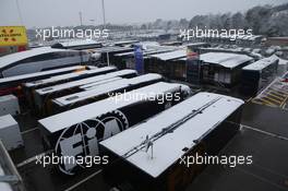 Snow at the Barcelona F1 test. 28.02.2018. Formula One Testing, Day Three, Barcelona, Spain. Wednesday.