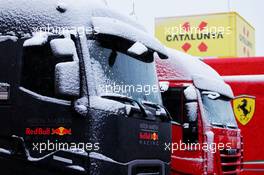 Red Bull Racing and Ferrari trucks with snow. 28.02.2018. Formula One Testing, Day Three, Barcelona, Spain. Wednesday.