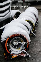 Pirelli tyres covered in snow. 28.02.2018. Formula One Testing, Day Three, Barcelona, Spain. Wednesday.