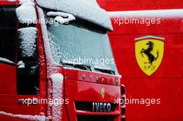 Ferrari trucks with snow. 28.02.2018. Formula One Testing, Day Three, Barcelona, Spain. Wednesday.