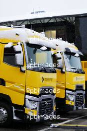 Renault Sport F1 Team trucks with snow. 28.02.2018. Formula One Testing, Day Three, Barcelona, Spain. Wednesday.