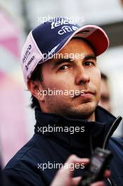 Sergio Perez (MEX) Sahara Force India F1 with the media. 08.03.2018. Formula One Testing, Day Three, Barcelona, Spain. Thursday.