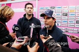 Sergio Perez (MEX) Sahara Force India F1 with the media. 08.03.2018. Formula One Testing, Day Three, Barcelona, Spain. Thursday.