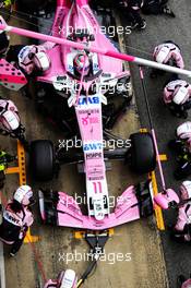 Sergio Perez (MEX) Sahara Force India F1 VJM11 practices a pit stop. 08.03.2018. Formula One Testing, Day Three, Barcelona, Spain. Thursday.