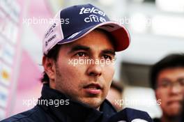 Sergio Perez (MEX) Sahara Force India F1 with the media. 08.03.2018. Formula One Testing, Day Three, Barcelona, Spain. Thursday.