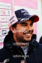 Sergio Perez (MEX) Sahara Force India F1 with the media. 06.03.2018. Formula One Testing, Day One, Barcelona, Spain. Tuesday.