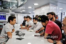 Lando Norris (GBR) McLaren Test Driver with the media. 16.05.2018. Formula One In Season Testing, Day Two, Barcelona, Spain. Wednesday.