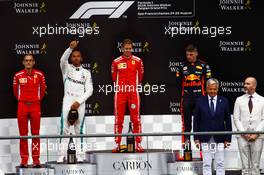 The podium (L to R): Lewis Hamilton (GBR) Mercedes AMG F1, second; Sebastian Vettel (GER) Ferrari, race winner; Max Verstappen (NLD) Red Bull Racing, third. 26.08.2018. Formula 1 World Championship, Rd 13, Belgian Grand Prix, Spa Francorchamps, Belgium, Race Day.