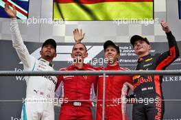 The podium (L to R): Lewis Hamilton (GBR) Mercedes AMG F1, second; Sebastian Vettel (GER) Ferrari, race winner; Max Verstappen (NLD) Red Bull Racing, third. 26.08.2018. Formula 1 World Championship, Rd 13, Belgian Grand Prix, Spa Francorchamps, Belgium, Race Day.