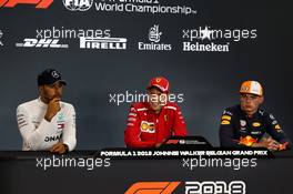 The post race FIA Press Conference (L to R): Lewis Hamilton (GBR) Mercedes AMG F1, second; Sebastian Vettel (GER) Ferrari, race winner; Max Verstappen (NLD) Red Bull Racing, third. 26.08.2018. Formula 1 World Championship, Rd 13, Belgian Grand Prix, Spa Francorchamps, Belgium, Race Day.