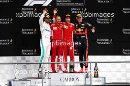 The podium (L to R): Lewis Hamilton (GBR) Mercedes AMG F1, second; Sebastian Vettel (GER) Ferrari, race winner; Max Verstappen (NLD) Red Bull Racing, third. 26.08.2018. Formula 1 World Championship, Rd 13, Belgian Grand Prix, Spa Francorchamps, Belgium, Race Day.