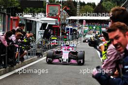 Esteban Ocon (FRA) Racing Point Force India F1 VJM11 celebrates with the team at the end of the race. 26.08.2018. Formula 1 World Championship, Rd 13, Belgian Grand Prix, Spa Francorchamps, Belgium, Race Day.