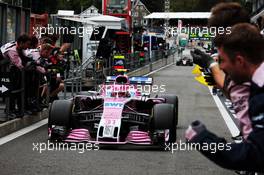 Esteban Ocon (FRA) Racing Point Force India F1 Team celebrates with the team at the end of the race. 26.08.2018. Formula 1 World Championship, Rd 13, Belgian Grand Prix, Spa Francorchamps, Belgium, Race Day.