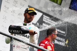 Lewis Hamilton (GBR) Mercedes AMG F1 celebrates his second position on the podium. 26.08.2018. Formula 1 World Championship, Rd 13, Belgian Grand Prix, Spa Francorchamps, Belgium, Race Day.