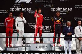The podium (L to R): Lewis Hamilton (GBR) Mercedes AMG F1, second; Sebastian Vettel (GER) Ferrari, race winner; Max Verstappen (NLD) Red Bull Racing, third. 26.08.2018. Formula 1 World Championship, Rd 13, Belgian Grand Prix, Spa Francorchamps, Belgium, Race Day.