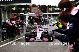 Sergio Perez (MEX) Racing Point Force India F1 VJM11 celebrates with the team at the end of the race. 26.08.2018. Formula 1 World Championship, Rd 13, Belgian Grand Prix, Spa Francorchamps, Belgium, Race Day.