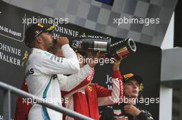 The podium (L to R): Lewis Hamilton (GBR) Mercedes AMG F1, second; Sebastian Vettel (GER) Ferrari, race winner; Max Verstappen (NLD) Red Bull Racing, third. 26.08.2018. Formula 1 World Championship, Rd 13, Belgian Grand Prix, Spa Francorchamps, Belgium, Race Day.