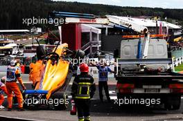The McLaren MCL33 of Fernando Alonso (ESP) McLaren is removed from the circuit after he crashed at the start of the race. 26.08.2018. Formula 1 World Championship, Rd 13, Belgian Grand Prix, Spa Francorchamps, Belgium, Race Day.