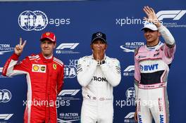 Qualifying top three in parc ferme (L to R): Sebastian Vettel (GER) Ferrari, second; Lewis Hamilton (GBR) Mercedes AMG F1, pole position; Esteban Ocon (FRA) Racing Point Force India F1 Team, third. 25.08.2018. Formula 1 World Championship, Rd 13, Belgian Grand Prix, Spa Francorchamps, Belgium, Qualifying Day.