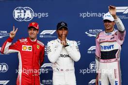 Qualifying top three in parc ferme (L to R): Sebastian Vettel (GER) Ferrari, second; Lewis Hamilton (GBR) Mercedes AMG F1, pole position; Esteban Ocon (FRA) Racing Point Force India F1 Team, third. 25.08.2018. Formula 1 World Championship, Rd 13, Belgian Grand Prix, Spa Francorchamps, Belgium, Qualifying Day.