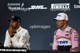 (L to R): Lewis Hamilton (GBR) Mercedes AMG F1 and Esteban Ocon (FRA) Racing Point Force India F1 Team in the post qualifying FIA Press Conference. 25.08.2018. Formula 1 World Championship, Rd 13, Belgian Grand Prix, Spa Francorchamps, Belgium, Qualifying Day.