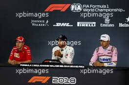 Qualifying top three in the FIA Press Conference (L to R): Sebastian Vettel (GER) Ferrari, second; Lewis Hamilton (GBR) Mercedes AMG F1, pole position; Esteban Ocon (FRA) Racing Point Force India F1 Team, third. 25.08.2018. Formula 1 World Championship, Rd 13, Belgian Grand Prix, Spa Francorchamps, Belgium, Qualifying Day.