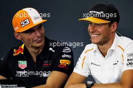 (L to R): Max Verstappen (NLD) Red Bull Racing and Stoffel Vandoorne (BEL) McLaren in the FIA Press Conference. 23.08.2018. Formula 1 World Championship, Rd 13, Belgian Grand Prix, Spa Francorchamps, Belgium, Preparation Day.
