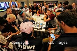 Sergio Perez (MEX) Force India F1 Team with the media. 23.08.2018. Formula 1 World Championship, Rd 13, Belgian Grand Prix, Spa Francorchamps, Belgium, Preparation Day.