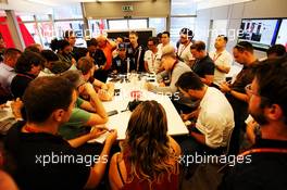 Sergio Perez (MEX) Force India F1 Team with the media. 23.08.2018. Formula 1 World Championship, Rd 13, Belgian Grand Prix, Spa Francorchamps, Belgium, Preparation Day.