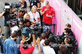 Sergio Perez (MEX) Force India F1 Team with the media. 23.08.2018. Formula 1 World Championship, Rd 13, Belgian Grand Prix, Spa Francorchamps, Belgium, Preparation Day.