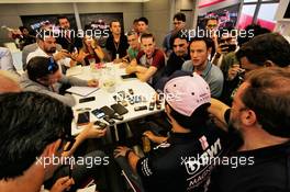 Sergio Perez (MEX) Force India F1 Team with the media. 23.08.2018. Formula 1 World Championship, Rd 13, Belgian Grand Prix, Spa Francorchamps, Belgium, Preparation Day.