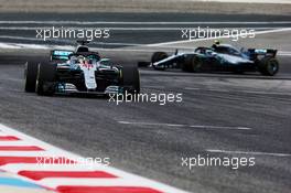 Lewis Hamilton (GBR) Mercedes AMG F1 W09 leads team mate Valtteri Bottas (FIN) Mercedes AMG F1 W09. 06.04.2018. Formula 1 World Championship, Rd 2, Bahrain Grand Prix, Sakhir, Bahrain, Practice Day