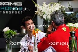 (L to R): Toto Wolff (GER) Mercedes AMG F1 Shareholder and Executive Director with Maurizio Arrivabene (ITA) Ferrari Team Principal. 06.04.2018. Formula 1 World Championship, Rd 2, Bahrain Grand Prix, Sakhir, Bahrain, Practice Day