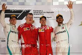 The podium (L to R): Valtteri Bottas (FIN) Mercedes AMG F1, second; Sebastian Vettel (GER) Ferrari, race winner; Lewis Hamilton (GBR) Mercedes AMG F1, third. 08.04.2018. Formula 1 World Championship, Rd 2, Bahrain Grand Prix, Sakhir, Bahrain, Race Day.