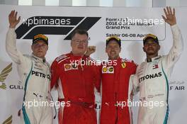 1st place Sebastian Vettel (GER) Ferrari SF71H, 2nd Valtteri Bottas (FIN) Mercedes AMG F1 and 3rd place Lewis Hamilton (GBR) Mercedes AMG F1 W09. 08.04.2018. Formula 1 World Championship, Rd 2, Bahrain Grand Prix, Sakhir, Bahrain, Race Day.