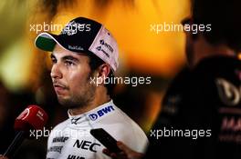 Sergio Perez (MEX) Sahara Force India F1 with the media. 07.04.2018. Formula 1 World Championship, Rd 2, Bahrain Grand Prix, Sakhir, Bahrain, Qualifying Day.