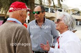 (L to R): Niki Lauda (AUT) Mercedes Non-Executive Chairman with Gerhard Berger (AUT) and Bernie Ecclestone (GBR). 08.04.2018. Formula 1 World Championship, Rd 2, Bahrain Grand Prix, Sakhir, Bahrain, Race Day.