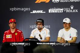 The FIA Press Conference (L to R): Kimi Raikkonen (FIN) Ferrari; Fernando Alonso (ESP) McLaren; Valtteri Bottas (FIN) Mercedes AMG F1. 05.04.2018. Formula 1 World Championship, Rd 2, Bahrain Grand Prix, Sakhir, Bahrain, Preparation Day.