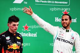 The podium (L to R): second placed Max Verstappen (NLD) Red Bull Racing with race winner Lewis Hamilton (GBR) Mercedes AMG F1. 11.11.2018. Formula 1 World Championship, Rd 20, Brazilian Grand Prix, Sao Paulo, Brazil, Race Day.