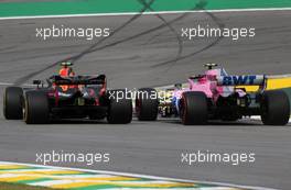 Max Verstappen (NLD) Red Bull Racing and Esteban Ocon (FRA) Force India F1  11.11.2018. Formula 1 World Championship, Rd 20, Brazilian Grand Prix, Sao Paulo, Brazil, Race Day.