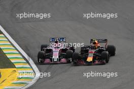Max Verstappen (NLD) Red Bull Racing RB14 and Esteban Ocon (FRA) Racing Point Force India F1 VJM11 collide. 11.11.2018. Formula 1 World Championship, Rd 20, Brazilian Grand Prix, Sao Paulo, Brazil, Race Day.