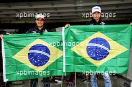 (L to R): Sergio Perez (MEX) Racing Point Force India F1 Team and Esteban Ocon (FRA) Racing Point Force India F1 Team - Havaianas. 08.11.2018. Formula 1 World Championship, Rd 20, Brazilian Grand Prix, Sao Paulo, Brazil, Preparation Day.