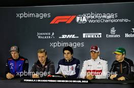 The FIA Press Conference (L to R): Brendon Hartley (NZL) Scuderia Toro Rosso; Kevin Magnussen (DEN) Haas F1 Team; Lance Stroll (CDN) Williams; Marcus Ericsson (SWE) Sauber F1 Team; Stoffel Vandoorne (BEL) McLaren. 08.11.2018. Formula 1 World Championship, Rd 20, Brazilian Grand Prix, Sao Paulo, Brazil, Preparation Day.